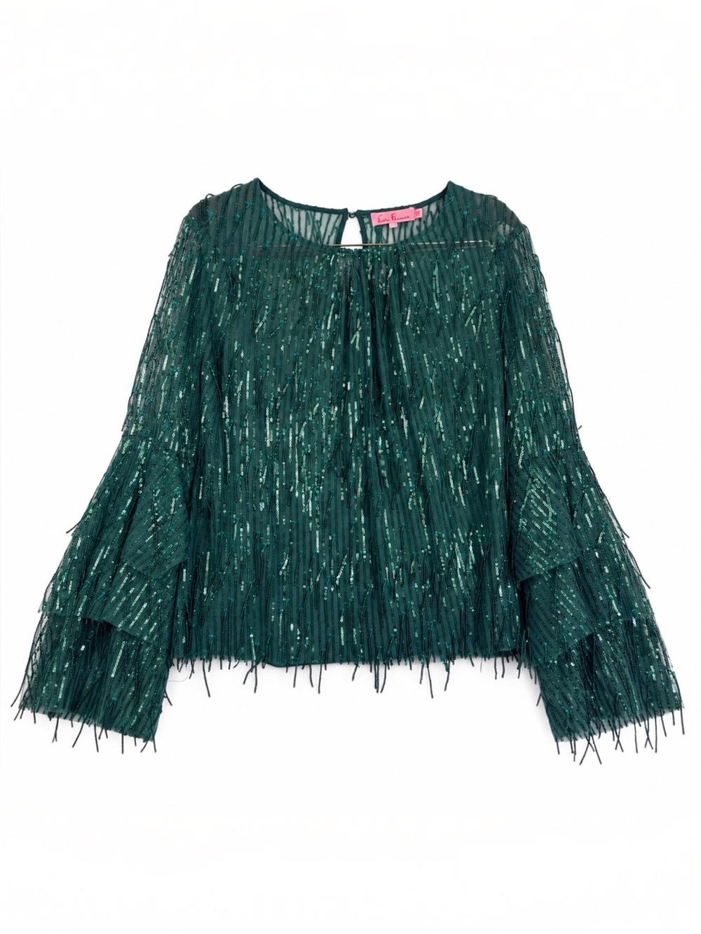 Eva Franco Anthropologie Acadia Sequin Fringe Top Glitter Pine NWT L